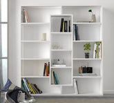 Bibliothèque blanche contemporaine BIBLIÉLÉGANCE vue de face, design épuré et modulable avec compartiments de rangement.